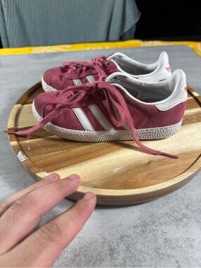 adidas Kids Suede Pink and White Three-Stripe Sneakers